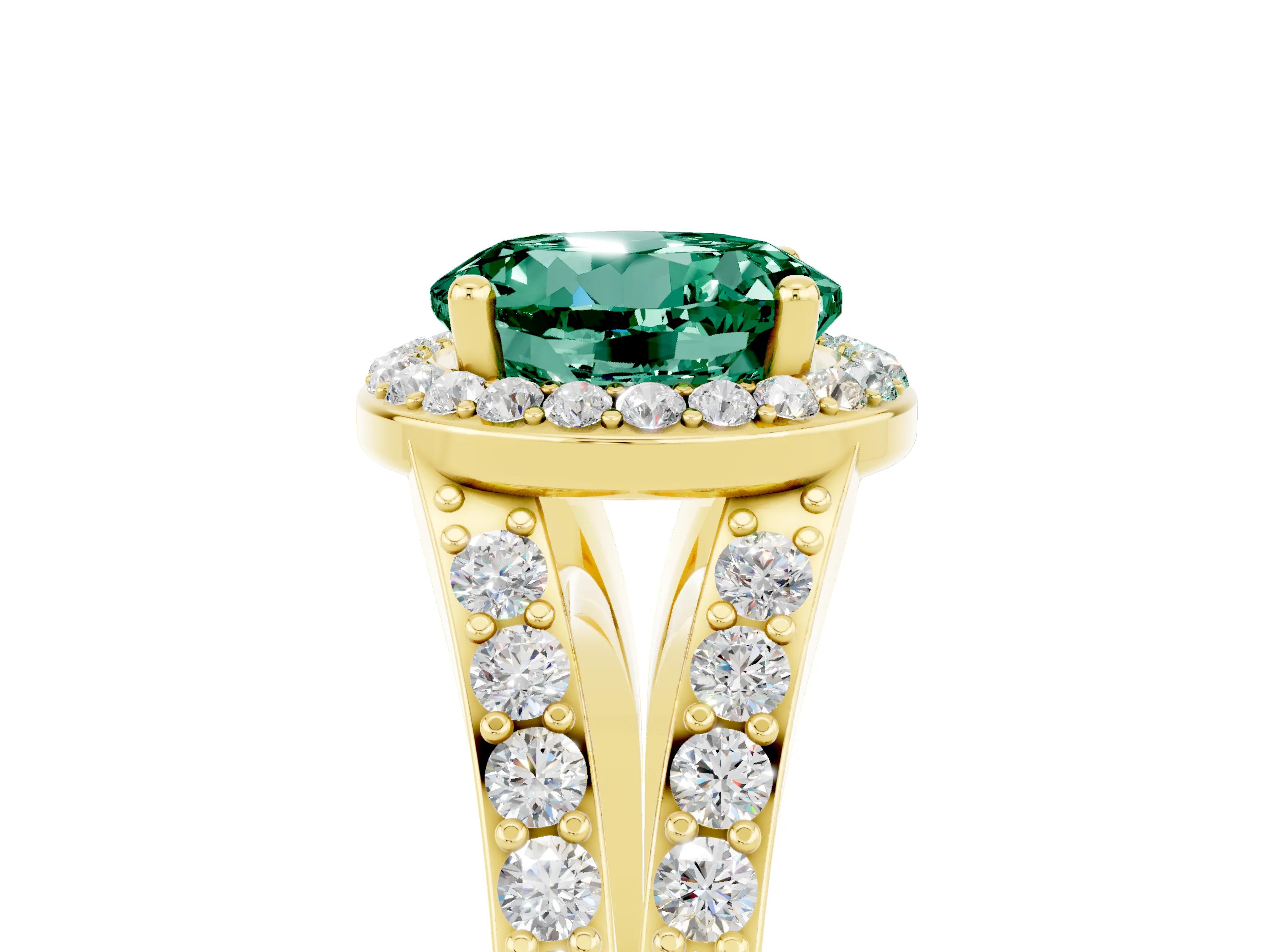 Yellow gold Round Cut Green Sapphire Split Shank Halo Ring with Four-Prong Setting_17