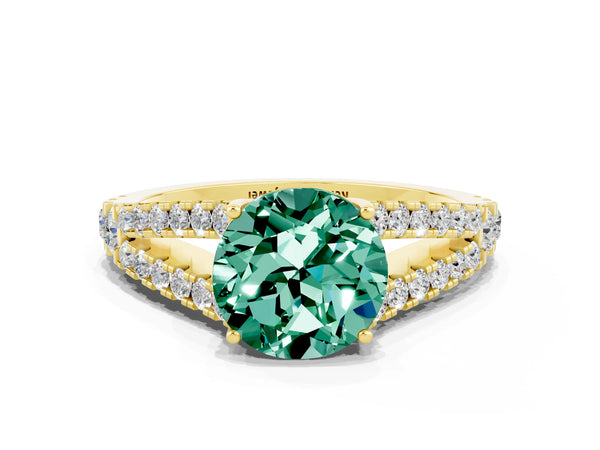 Yellow gold Round Cut Green Sapphire Split Shank Pavé Engagement Ring with Four-Prong Setting