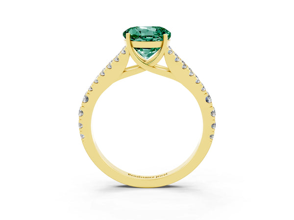 Yellow gold Round Cut Green Sapphire Split Shank Pavé Engagement Ring with Four-Prong Setting