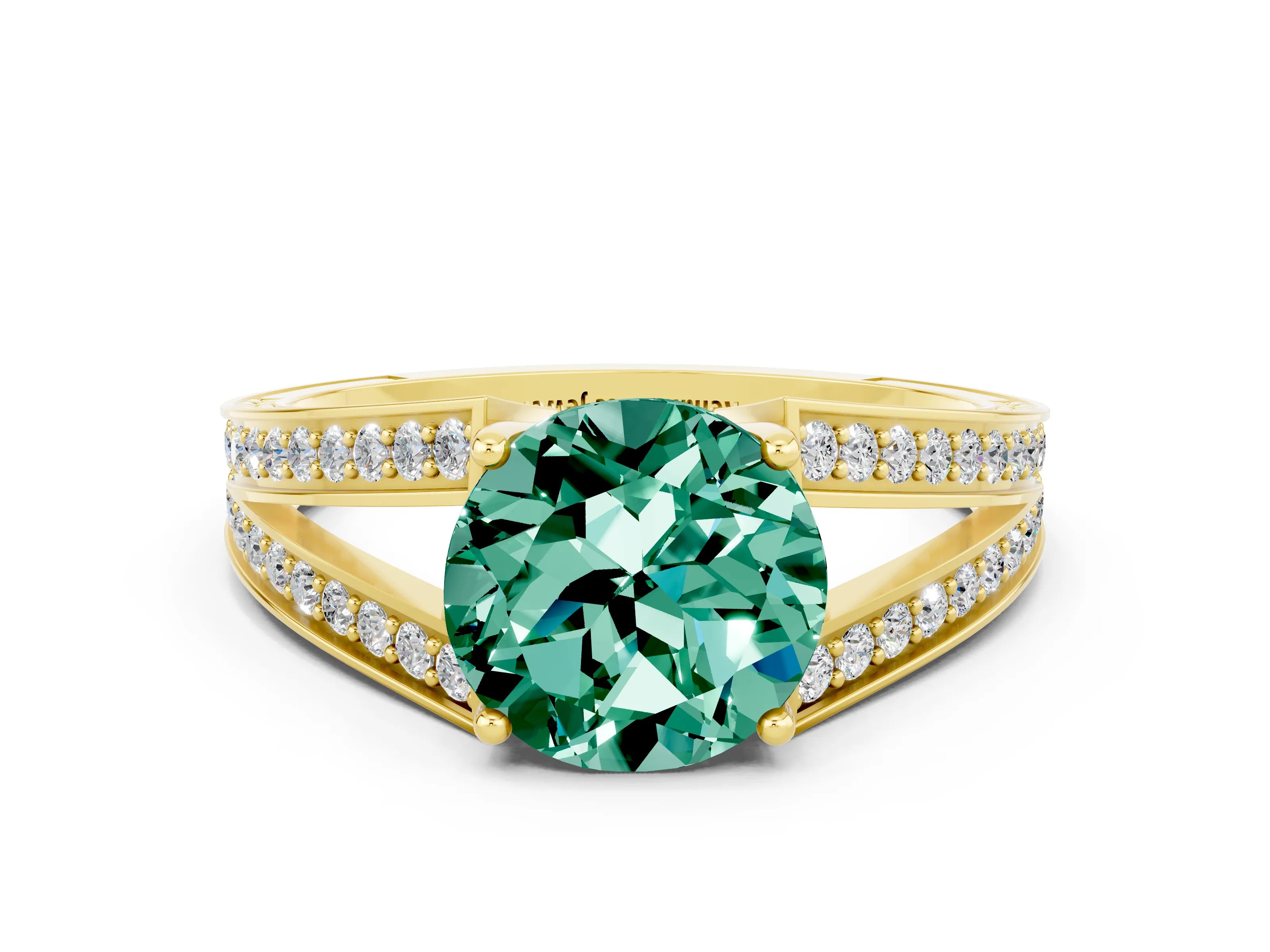 Yellow gold Round Cut Green Sapphire Split Shank Ring with Pavé Band and Four-Prong Setting
