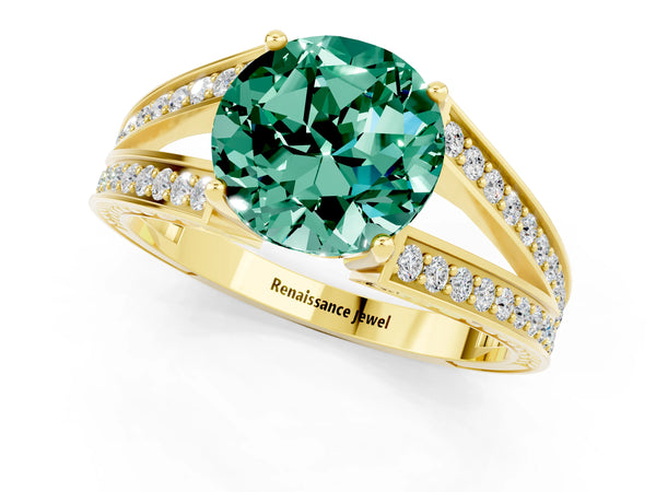 Yellow gold Round Cut Green Sapphire Split Shank Ring with Pavé Band and Four-Prong Setting