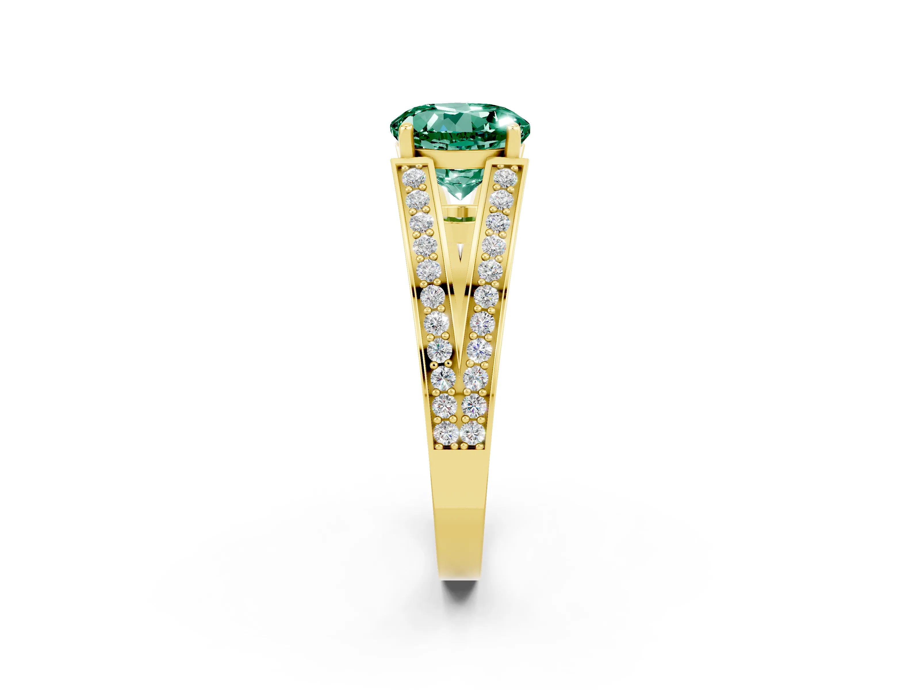 Yellow gold Round Cut Green Sapphire Split Shank Ring with Pavé Band and Four-Prong Setting_2