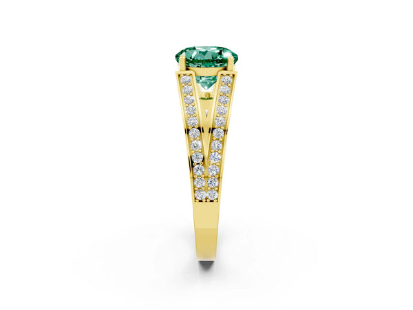 Yellow gold Round Cut Green Sapphire Split Shank Ring with Pavé Band and Four-Prong Setting