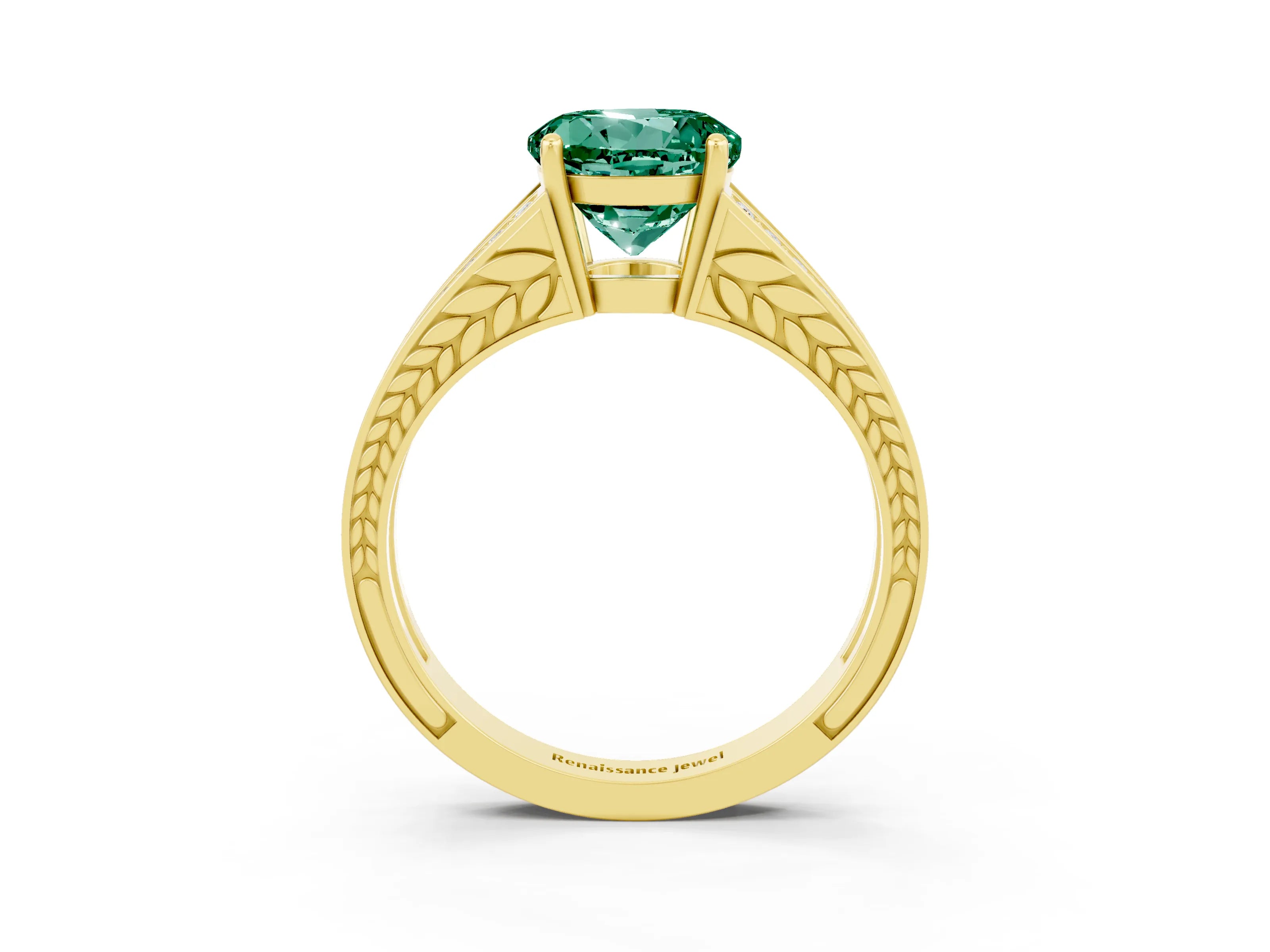 Yellow gold Round Cut Green Sapphire Split Shank Ring with Pavé Band and Four-Prong Setting_3