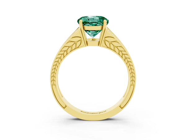 Yellow gold Round Cut Green Sapphire Split Shank Ring with Pavé Band and Four-Prong Setting