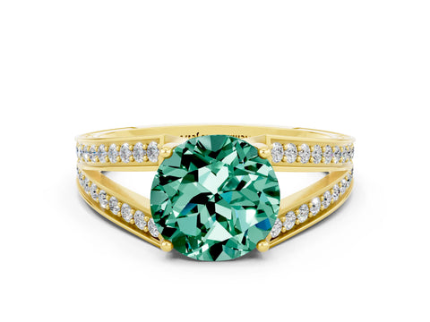 Yellow gold Round Cut Green Sapphire Split Shank Ring with Pavé Band and Four-Prong Setting