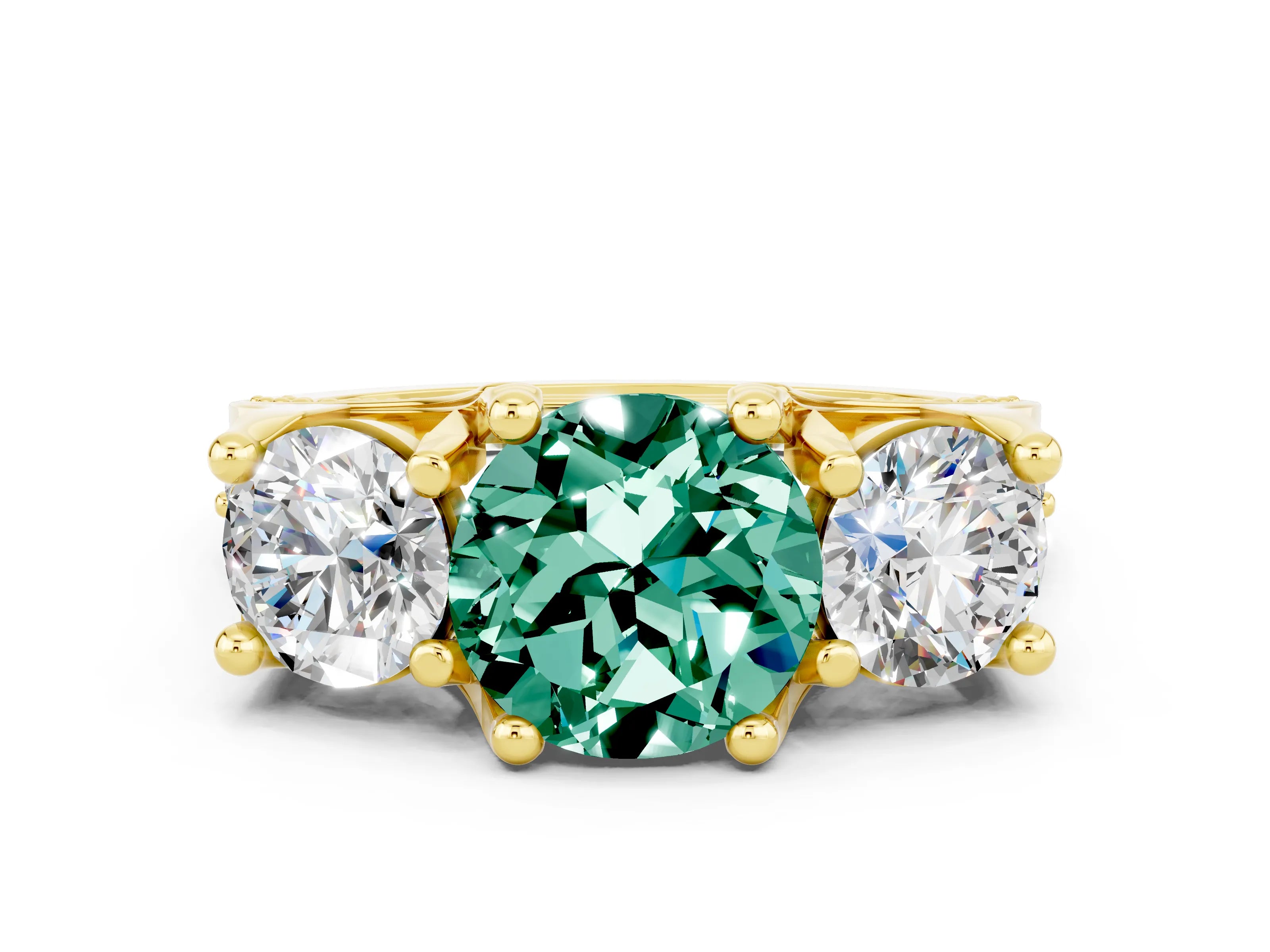 Yellow gold Round Cut Green Sapphire Three-Stone Ring with Channel Set Band and Four-Prong Setting