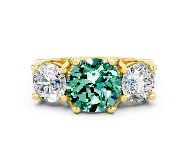 Yellow gold Round Cut Green Sapphire Three-Stone Ring with Channel Set Band and Four-Prong Setting