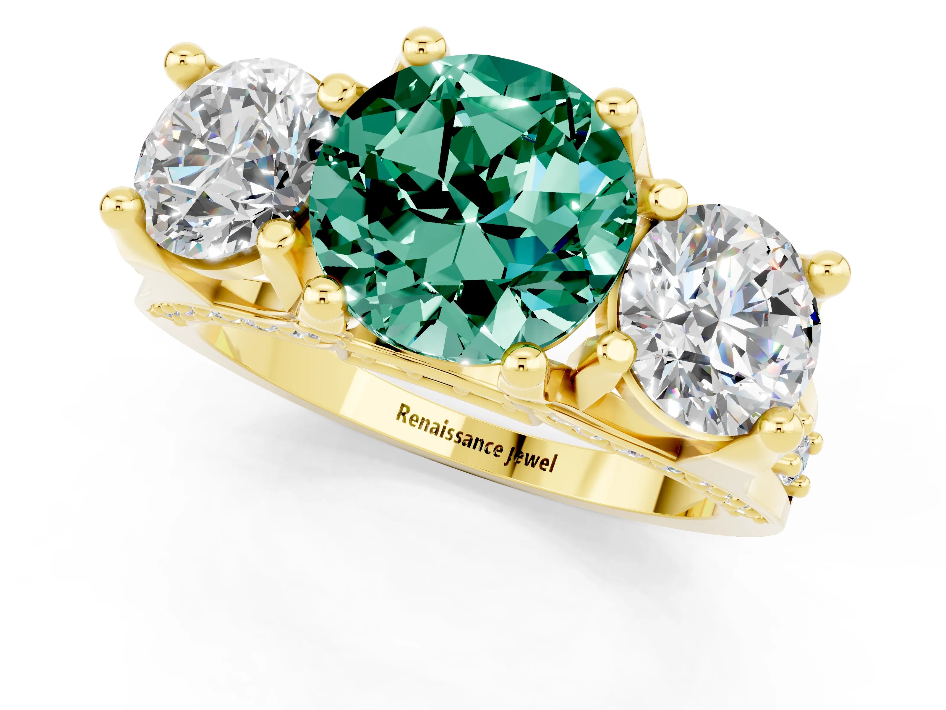 Yellow gold Round Cut Green Sapphire Three-Stone Ring with Channel Set Band and Four-Prong Setting_1
