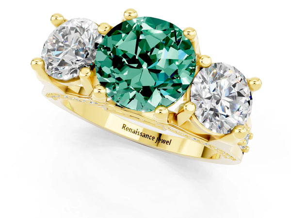 Yellow gold Round Cut Green Sapphire Three-Stone Ring with Channel Set Band and Four-Prong Setting