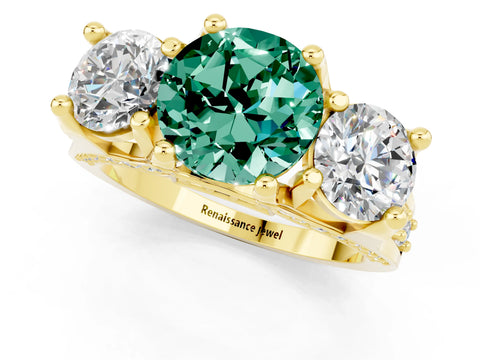 Yellow gold Round Cut Green Sapphire Three-Stone Ring with Channel Set Band and Four-Prong Setting_1