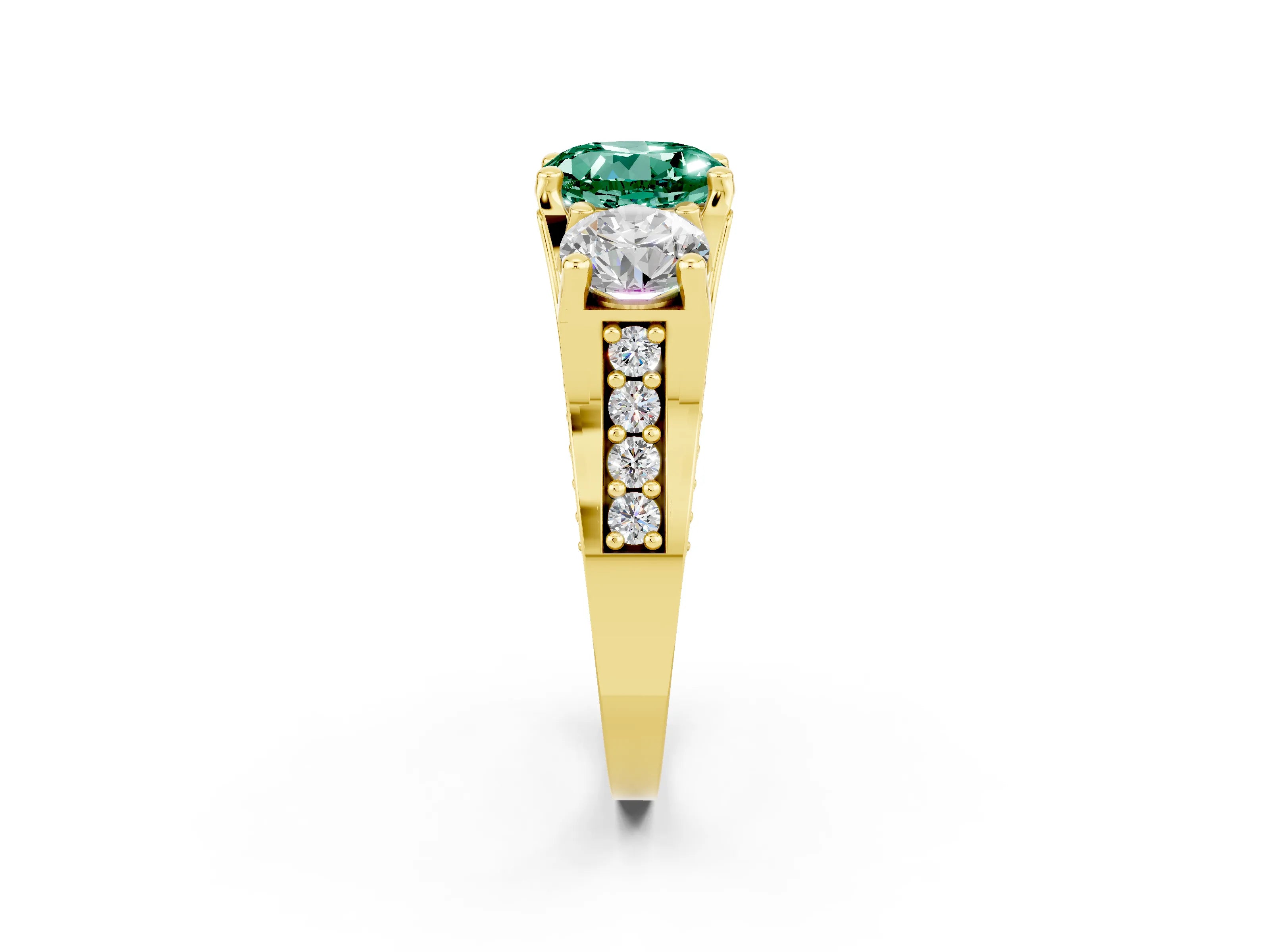 Yellow gold Round Cut Green Sapphire Three-Stone Ring with Channel Set Band and Four-Prong Setting_2