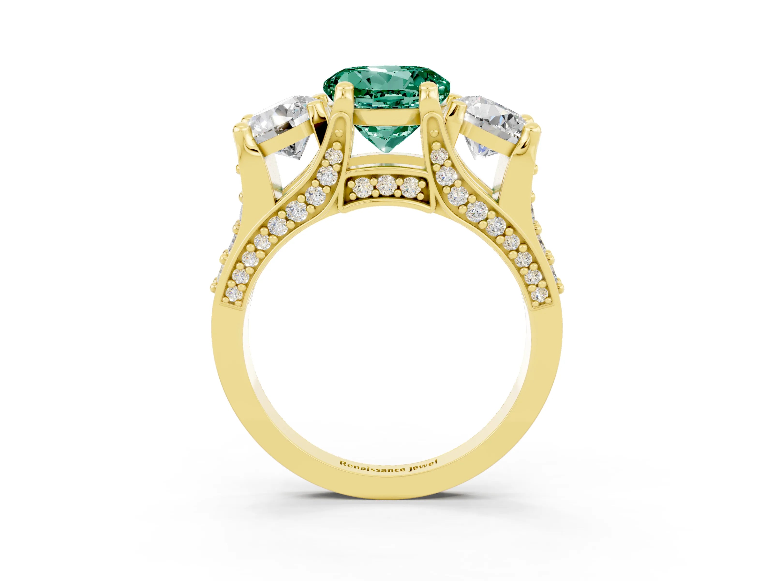 Yellow gold Round Cut Green Sapphire Three-Stone Ring with Channel Set Band and Four-Prong Setting_3