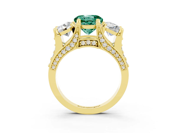 Yellow gold Round Cut Green Sapphire Three-Stone Ring with Channel Set Band and Four-Prong Setting