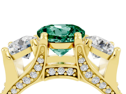 Yellow gold Round Cut Green Sapphire Three-Stone Ring with Channel Set Band and Four-Prong Setting_4