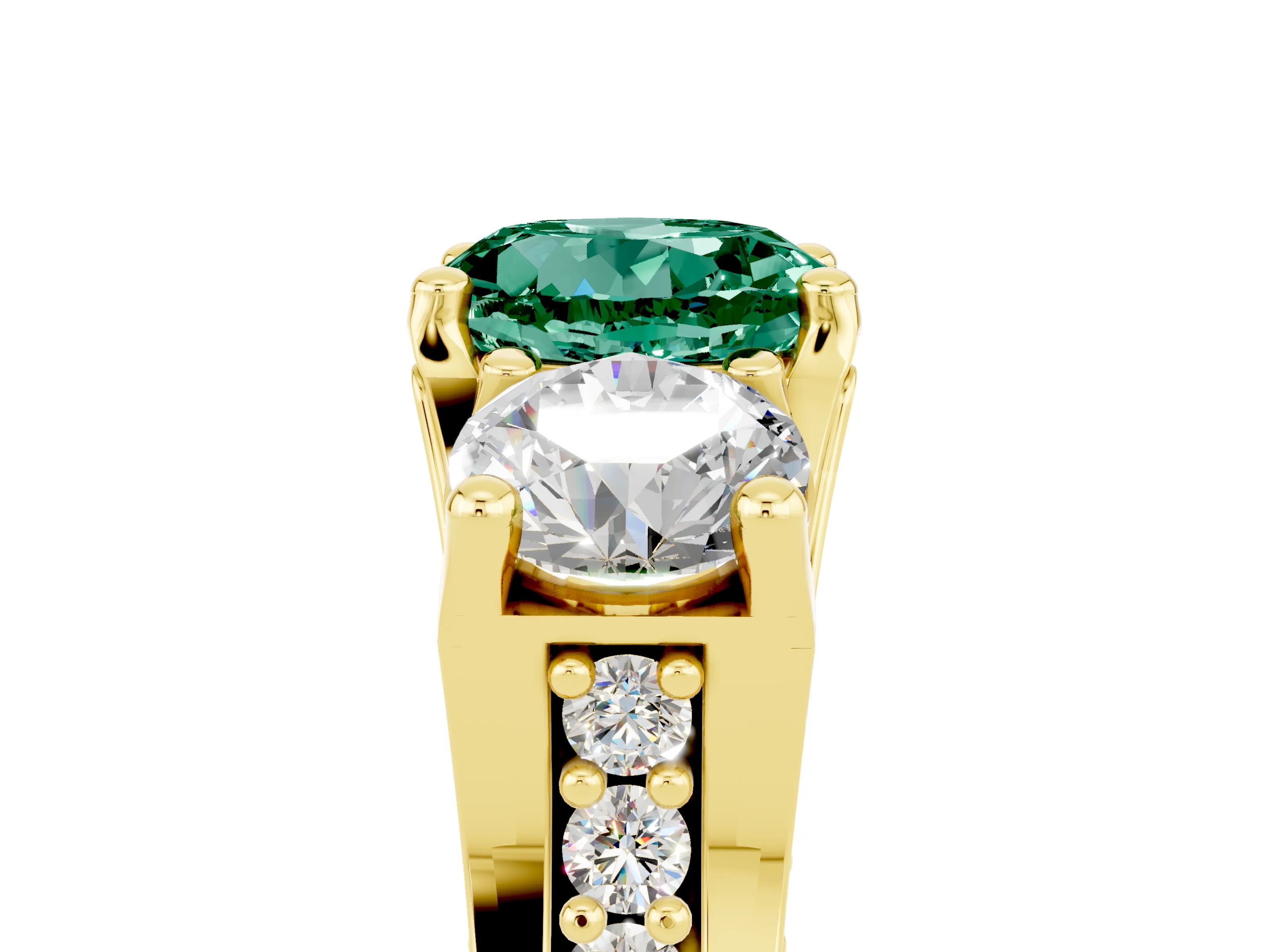Yellow gold Round Cut Green Sapphire Three-Stone Ring with Channel Set Band and Four-Prong Setting_5