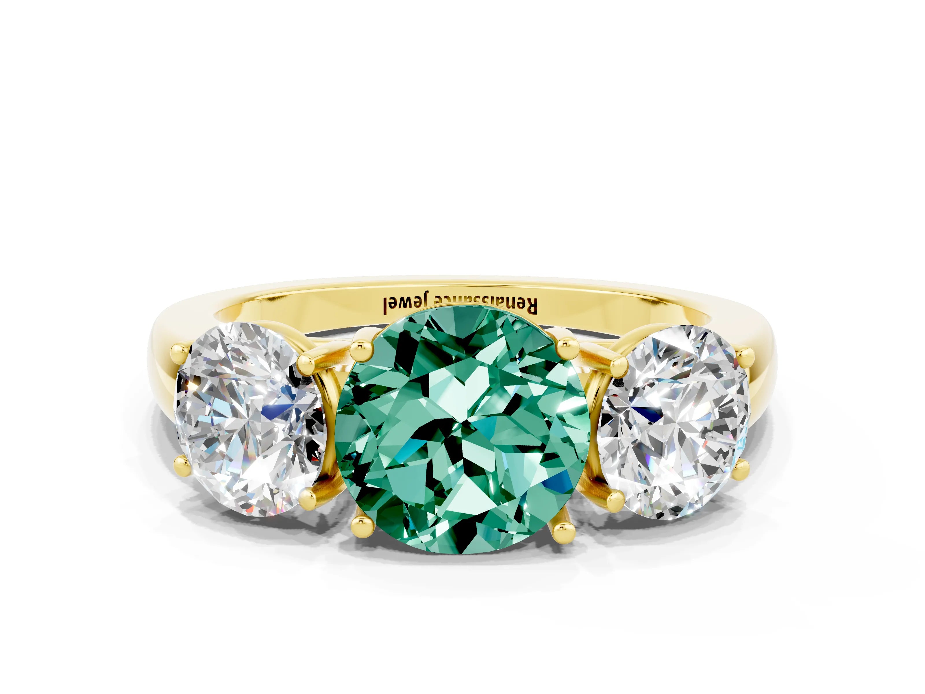 Yellow gold Round Cut Green Sapphire Three-Stone Ring with Four-Prong Setting and Classic Band