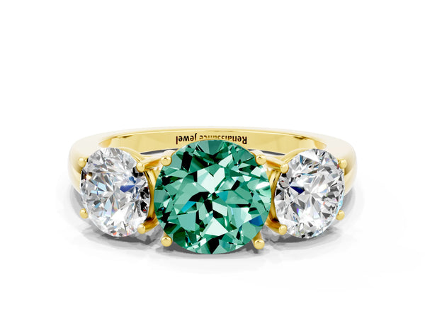 Yellow gold Round Cut Green Sapphire Three-Stone Ring with Four-Prong Setting and Classic Band