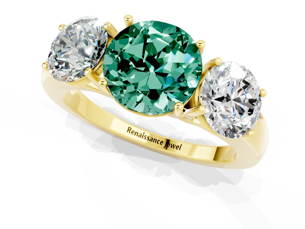 Yellow gold Round Cut Green Sapphire Three-Stone Ring with Four-Prong Setting and Classic Band