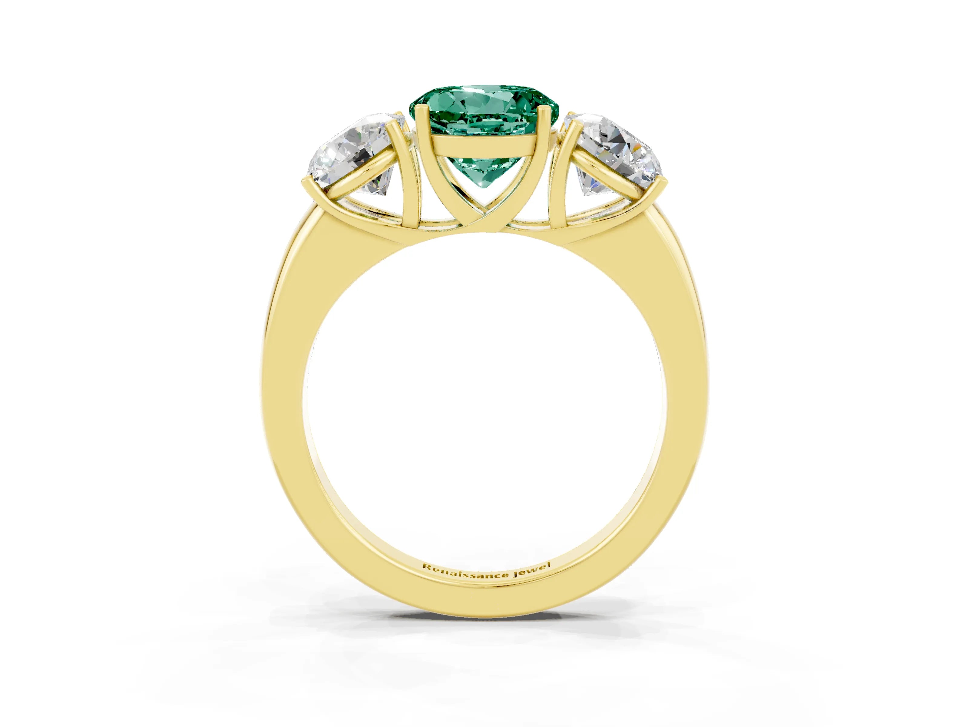 Yellow gold Round Cut Green Sapphire Three-Stone Ring with Four-Prong Setting and Classic Band_3