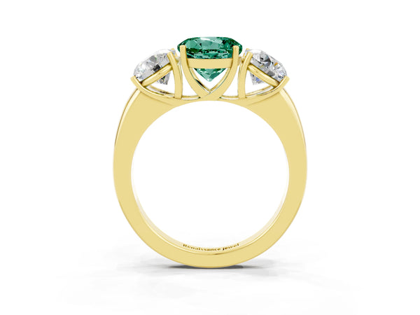 Yellow gold Round Cut Green Sapphire Three-Stone Ring with Four-Prong Setting and Classic Band