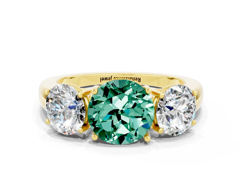 Yellow gold Round Cut Green Sapphire Three-Stone Ring with Four-Prong Setting and Classic Band