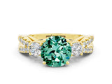 Yellow gold Round Cut Green Sapphire Three-Stone Ring with Pavé Split Shank and Four-Prong Setting