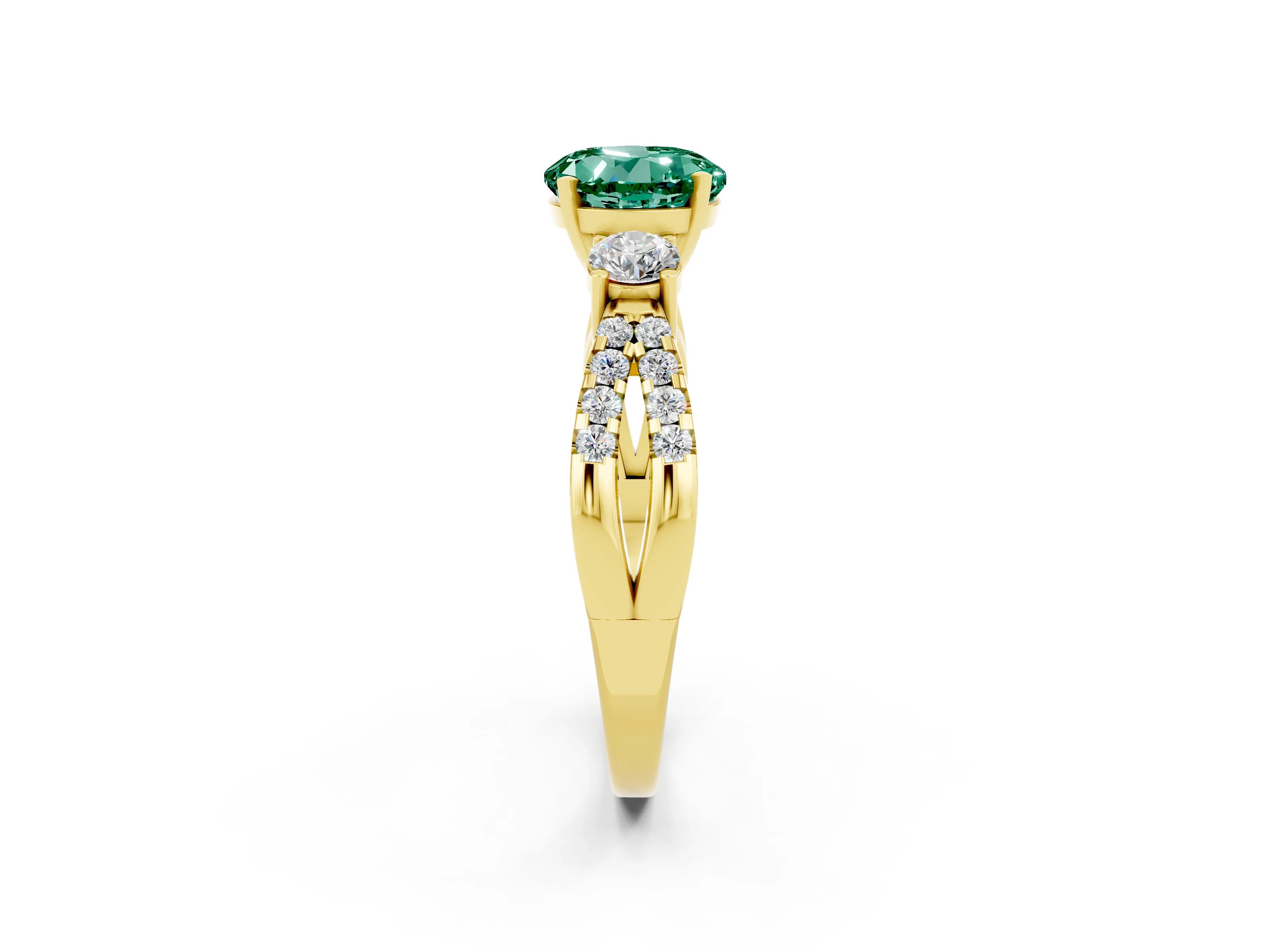 Yellow gold Round Cut Green Sapphire Three-Stone Ring with Pavé Split Shank and Four-Prong Setting_2