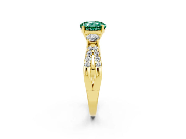 Yellow gold Round Cut Green Sapphire Three-Stone Ring with Pavé Split Shank and Four-Prong Setting