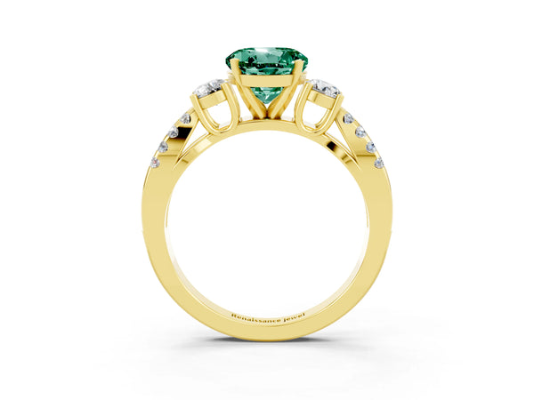 Yellow gold Round Cut Green Sapphire Three-Stone Ring with Pavé Split Shank and Four-Prong Setting