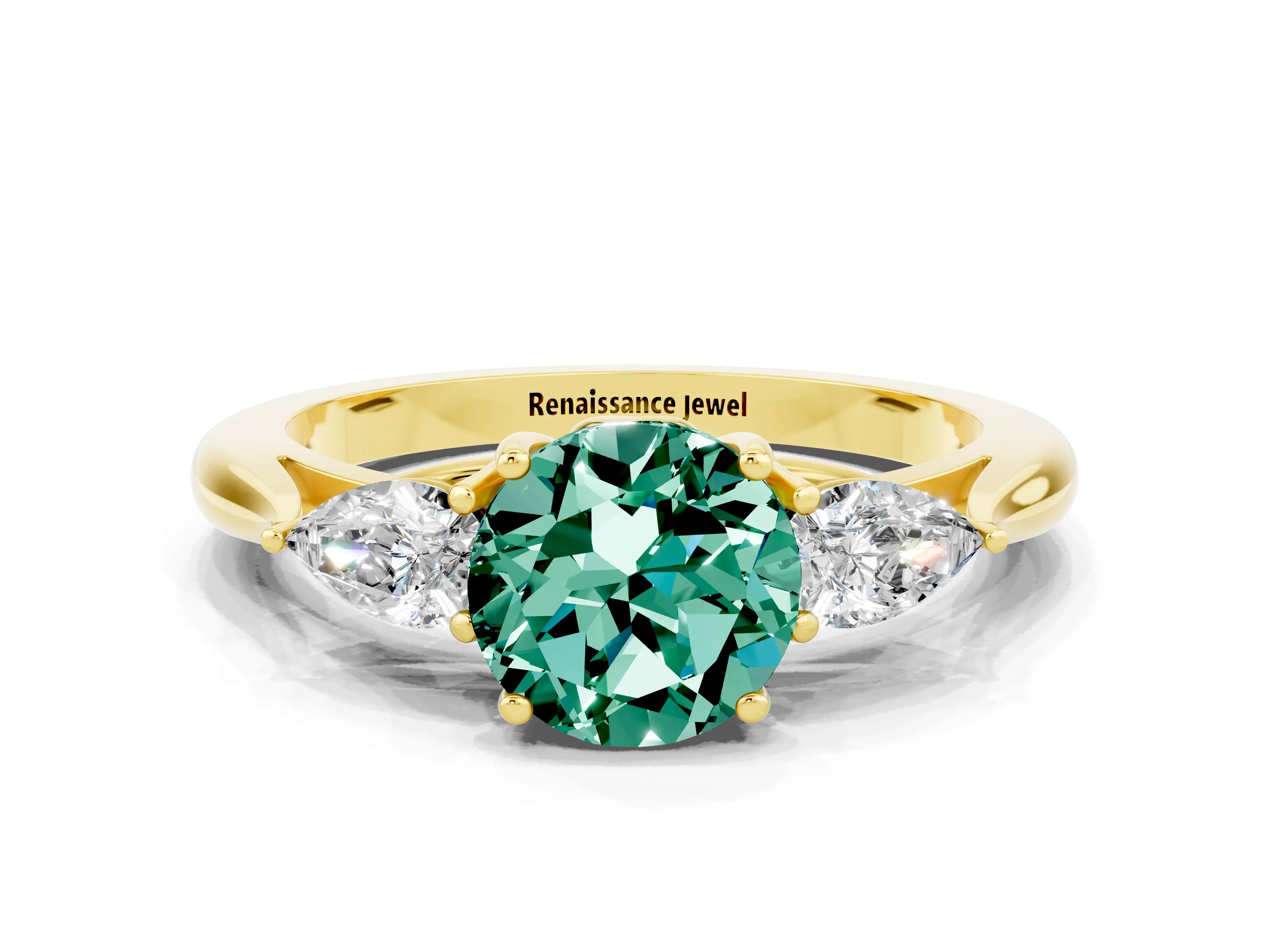 Yellow gold Round Cut Green Sapphire Three-Stone Ring with Pear Side Stones and Four-Prong Setting_12