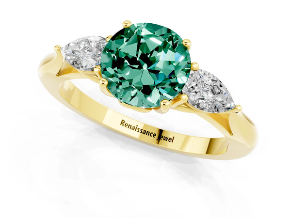 Yellow gold Round Cut Green Sapphire Three-Stone Ring with Pear  Side Stones and Prong Setting