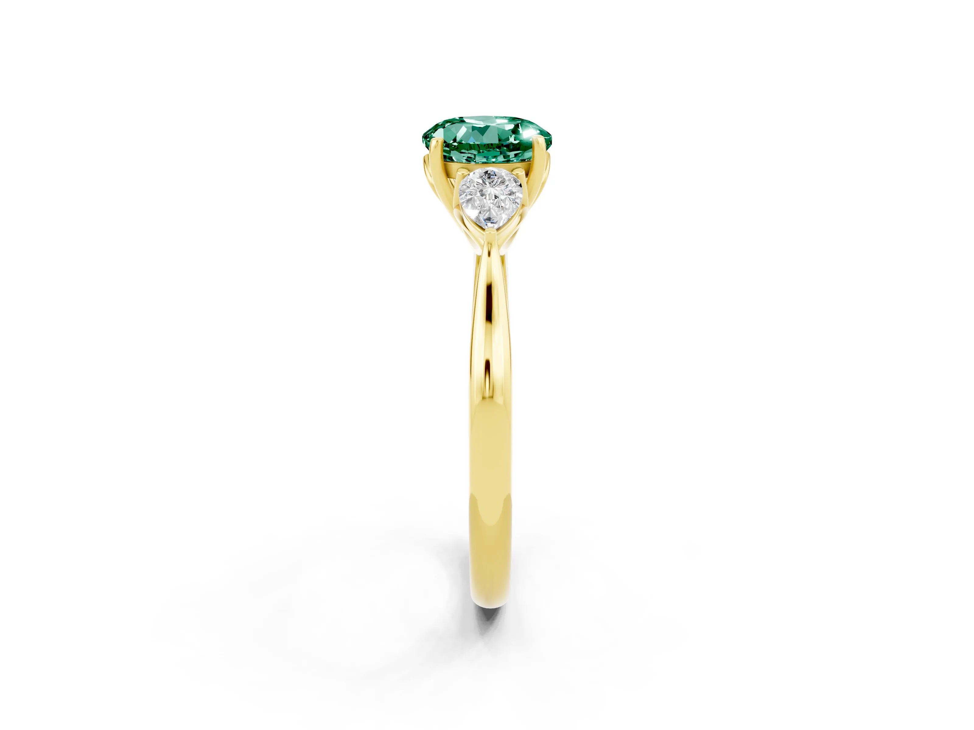 Yellow gold Round Cut Green Sapphire Three-Stone Ring with Pear Side Stones and Four-Prong Setting_14