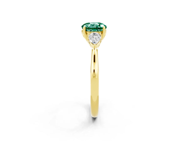 Yellow gold Round Cut Green Sapphire Three-Stone Ring with Pear  Side Stones and Prong Setting