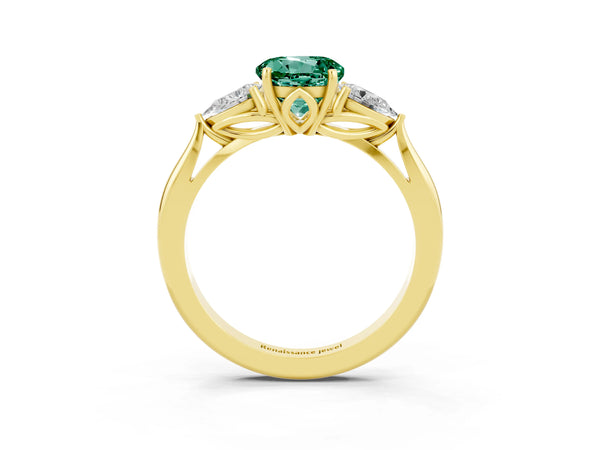 Yellow gold Round Cut Green Sapphire Three-Stone Ring with Pear  Side Stones and Prong Setting