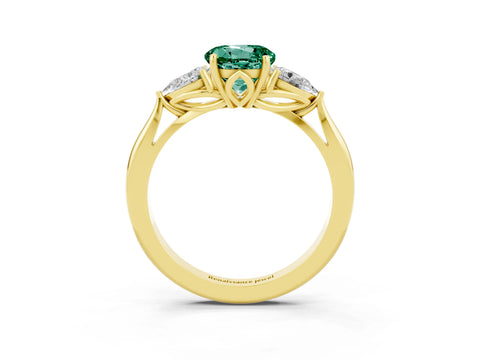 Yellow gold Round Cut Green Sapphire Three-Stone Ring with Pear Side Stones and Four-Prong Setting_15