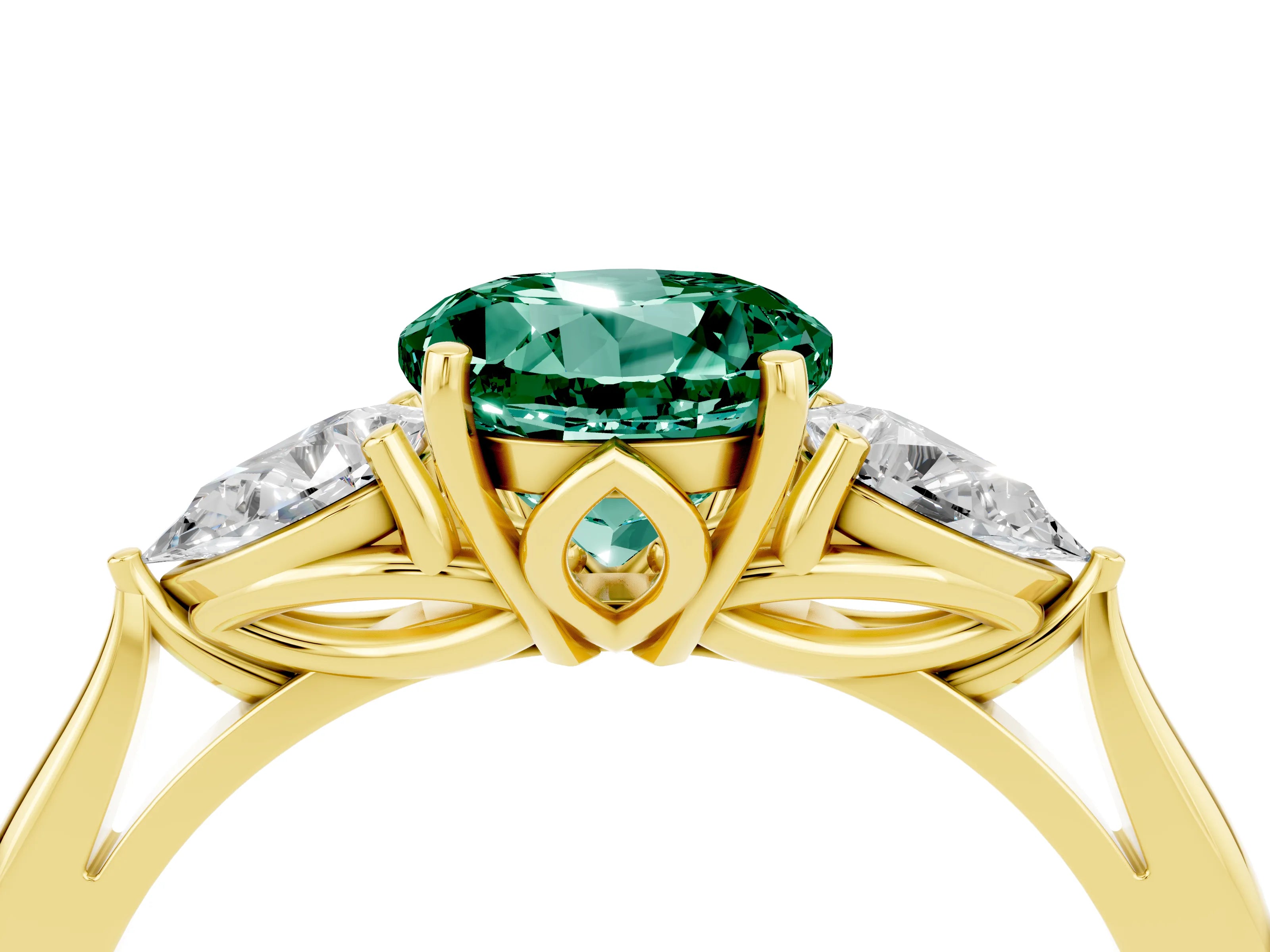 Yellow gold Round Cut Green Sapphire Three-Stone Ring with Pear Side Stones and Four-Prong Setting_16