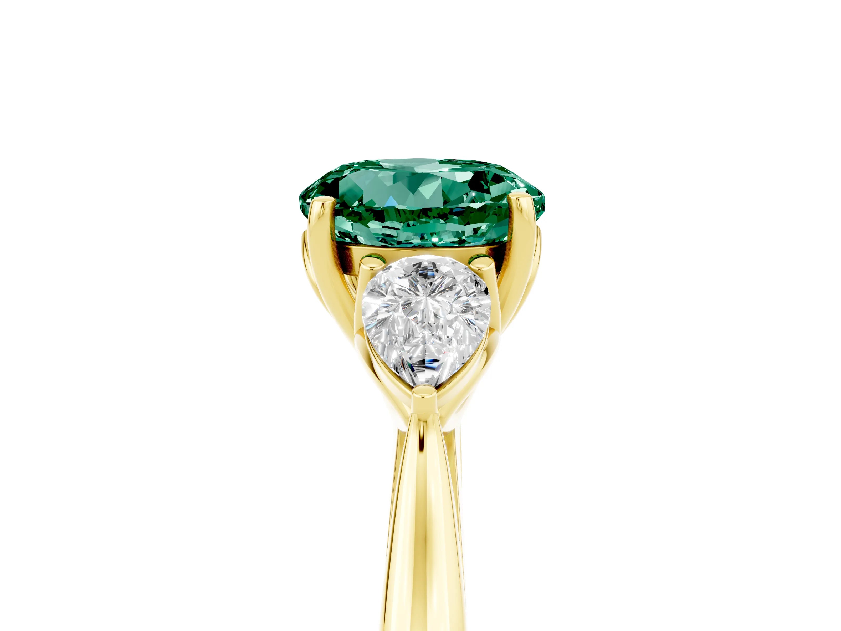 Yellow gold Round Cut Green Sapphire Three-Stone Ring with Pear Side Stones and Four-Prong Setting_17