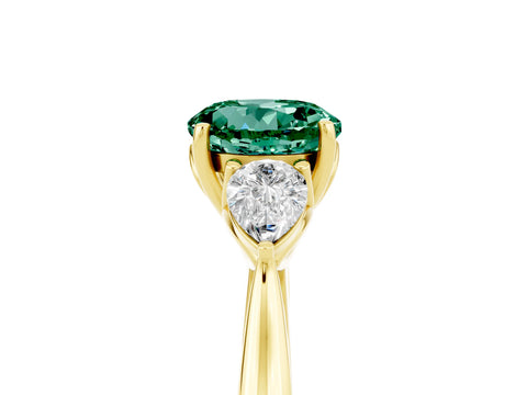 Yellow gold Round Cut Green Sapphire Three-Stone Ring with Pear Side Stones and Four-Prong Setting_17