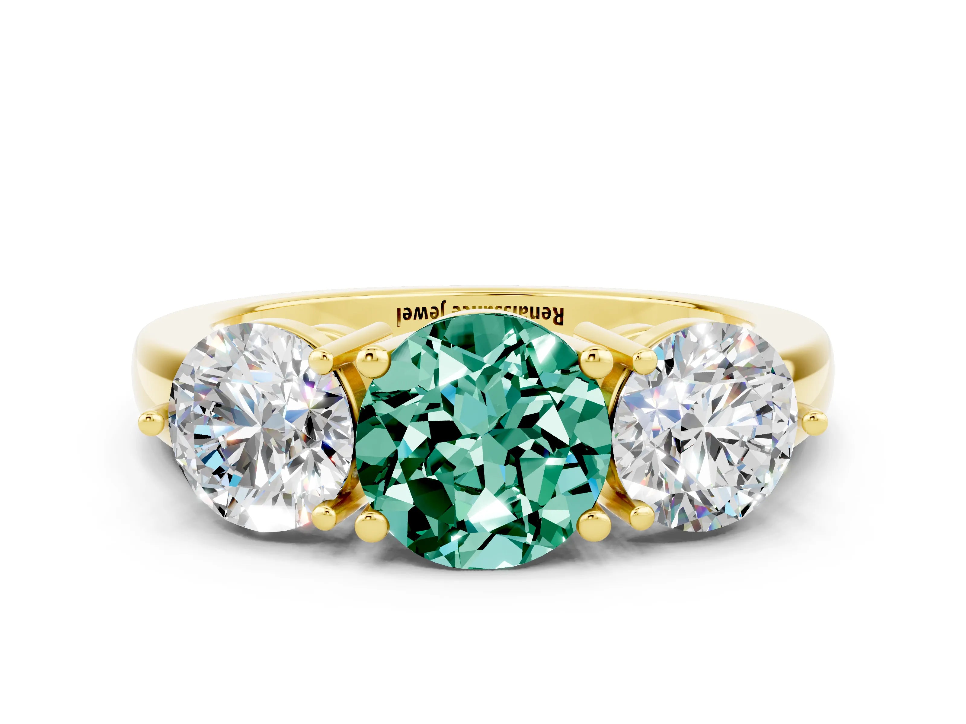 Yellow gold Round Cut Green Sapphire Three-Stone Ring with Prong Setting and Classic Band