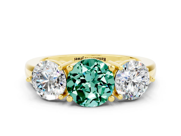 Yellow gold Round Cut Green Sapphire Three-Stone Ring with Prong Setting and Classic Band