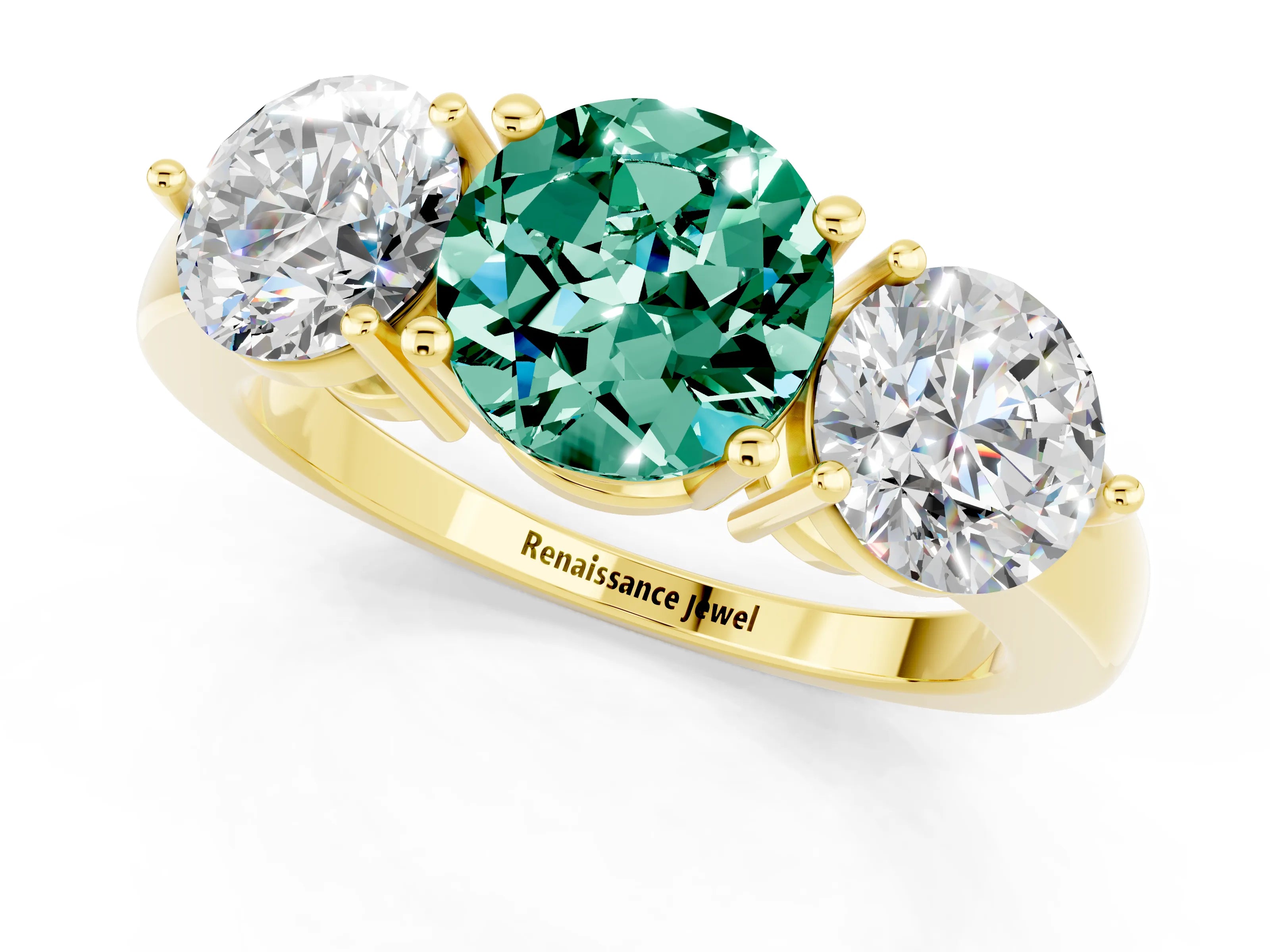 Yellow gold Round Cut Green Sapphire Three-Stone Ring with Prong Setting and Classic Band_1