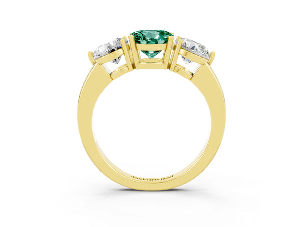 Yellow gold Round Cut Green Sapphire Three-Stone Ring with Prong Setting and Classic Band