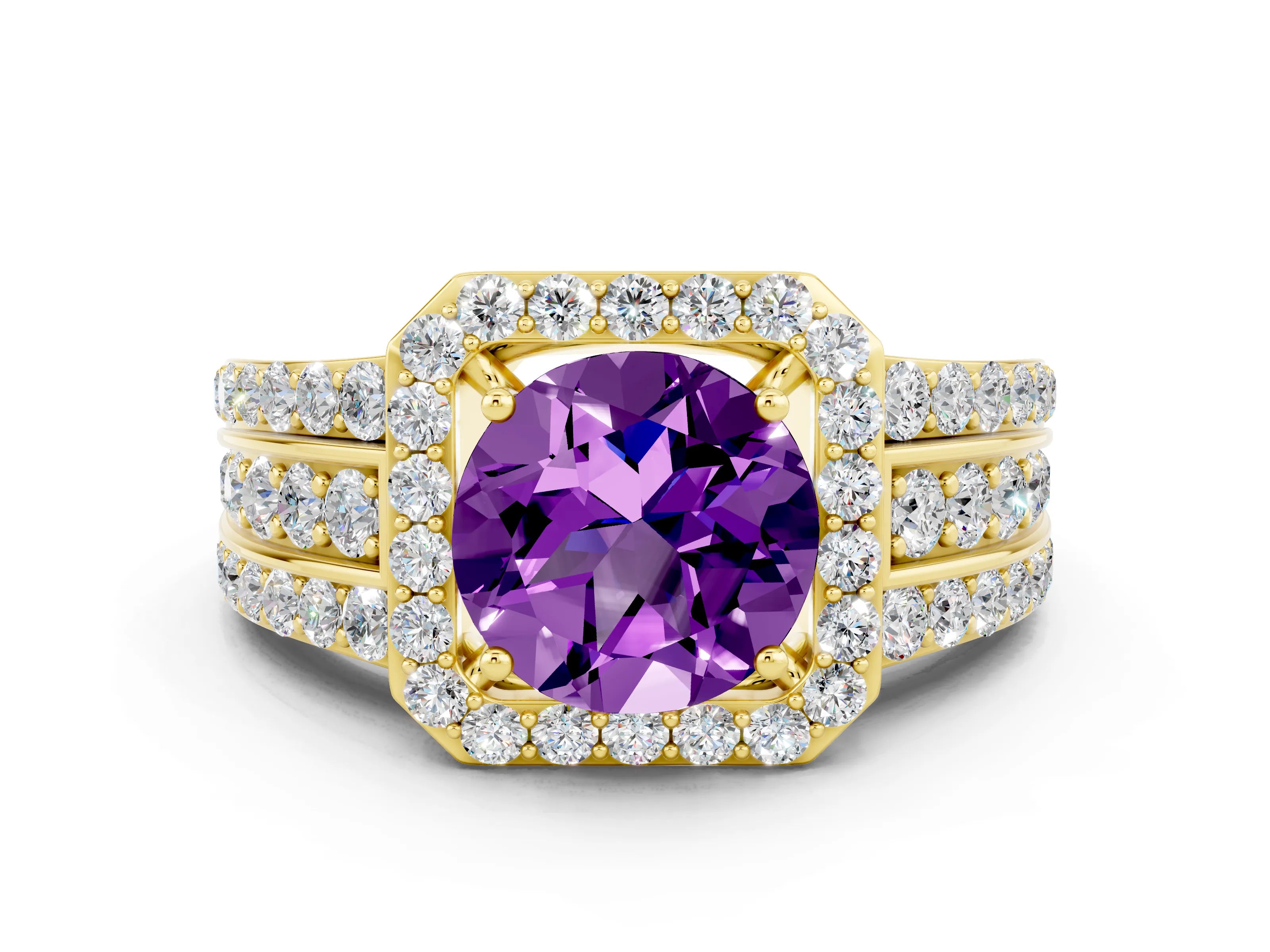 Yellow gold Round Cut Halo Amethyst Ring with Split Shank and Four-Prong Setting