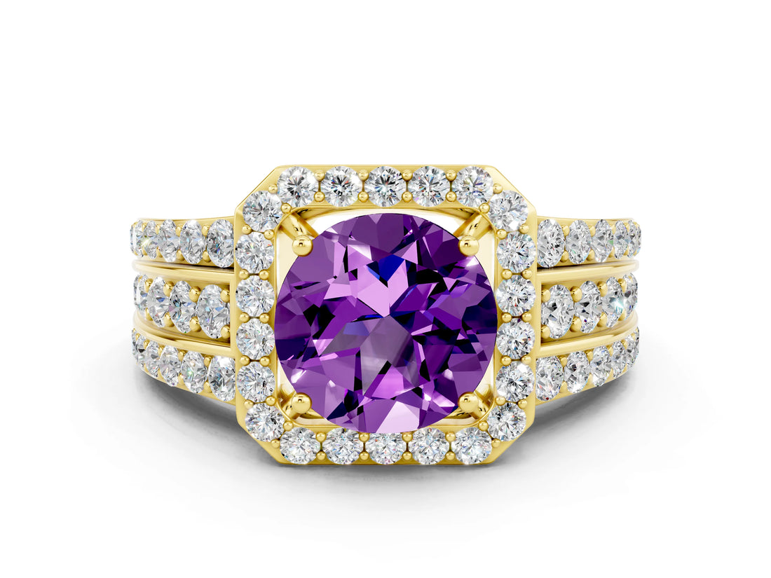 Yellow gold Round Cut Halo Amethyst Ring with Split Shank and Four-Prong Setting
