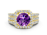Yellow gold Round Cut Halo Amethyst Ring with Split Shank and Four-Prong Setting