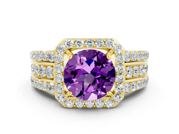 Yellow gold Round Cut Halo Amethyst Ring with Round  Split Shank and Prong Setting