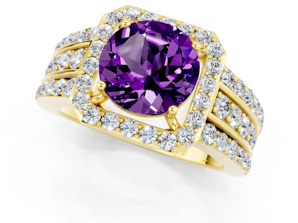 Yellow gold Round Cut Halo Amethyst Ring with Round  Split Shank and Prong Setting