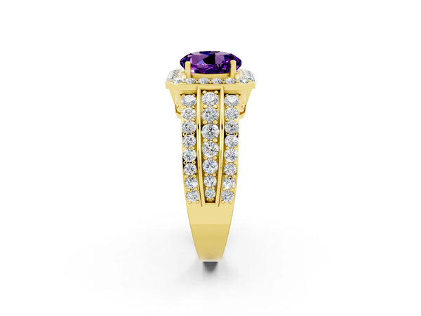 Yellow gold Round Cut Halo Amethyst Ring with Round  Split Shank and Prong Setting