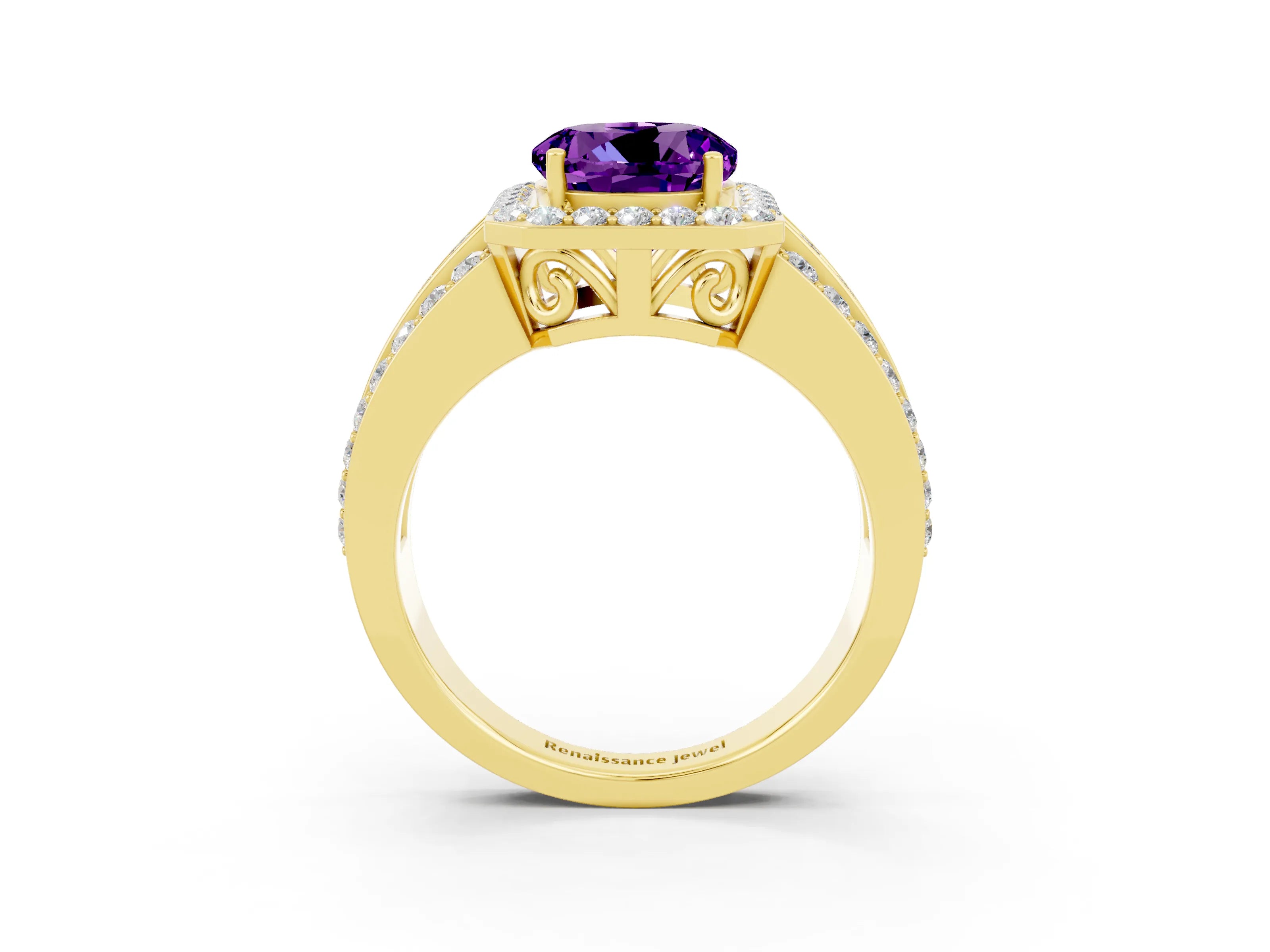 Yellow gold Round Cut Halo Amethyst Ring with Split Shank and Four-Prong Setting_3